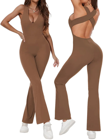 Wenlia Women Cross Back Workout Flare Jumpsuit Backless Yoga Jumpsuits for Women One Piece Bodysuit Flared Jumpsuits Dark Brown M