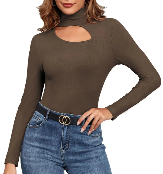 ZAFUL Sexy Fall Top Trends Women 2024 Long Sleeve Brown Mock Turtle Necks Tops Tight Shirts for Women Basics Cutout Womans Clothing S